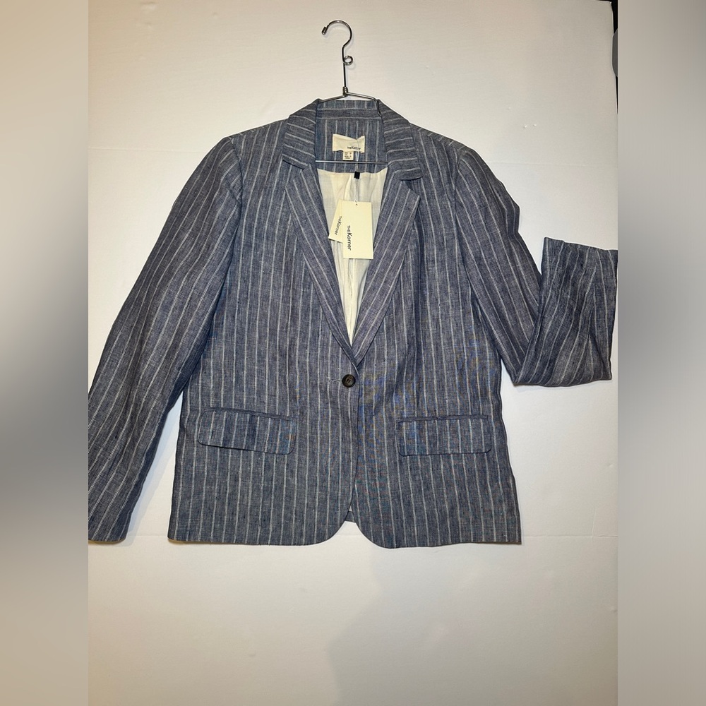 NWT The Korner Grey Blue and White Striped Linen Blazer Size L